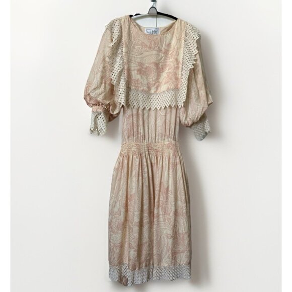 Vintage Nicole Miller Maxi Dress Womens 6 Silk Victorian Lace Pink Floral - Picture 1 of 11